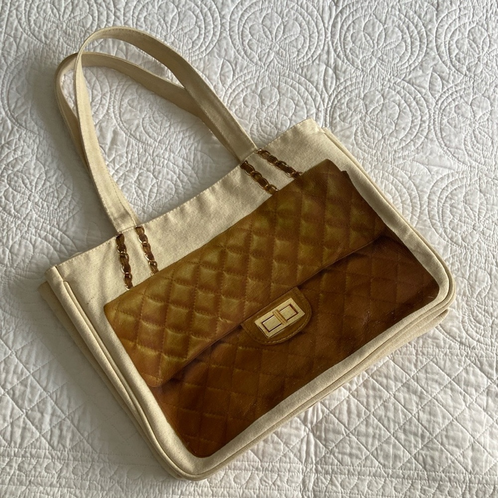 Thursday Friday Canvas Coated Quilt Print Tote Bag Cream Tan Gold - Picture 16 of 16